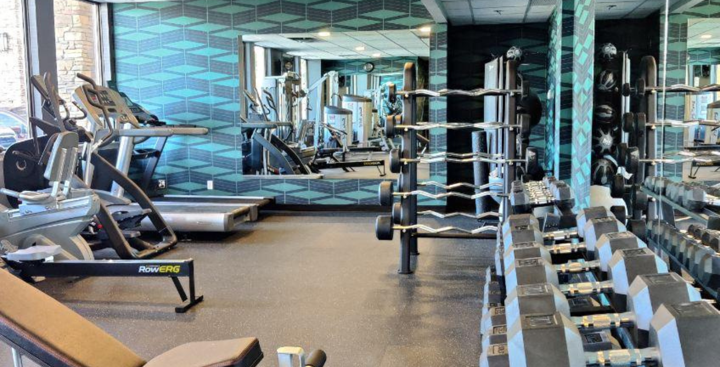 brightly natural light hotel gym with free weights on one side and machines on the other
